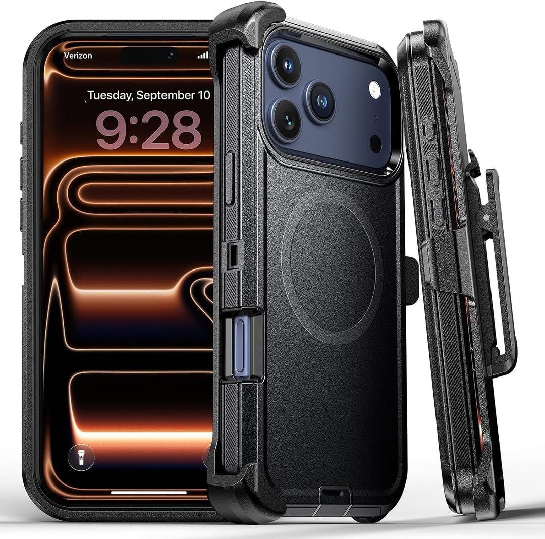 Lanhiem for iPhone 17 Pro Max Magnetic Case with Belt Clip Holster, [Compatible with Magsafe] Heavy Duty Rugged 3 Layer Drop Protection Cell Phone Cover, Anti-Drop with 360° Rotating Kickstand Black