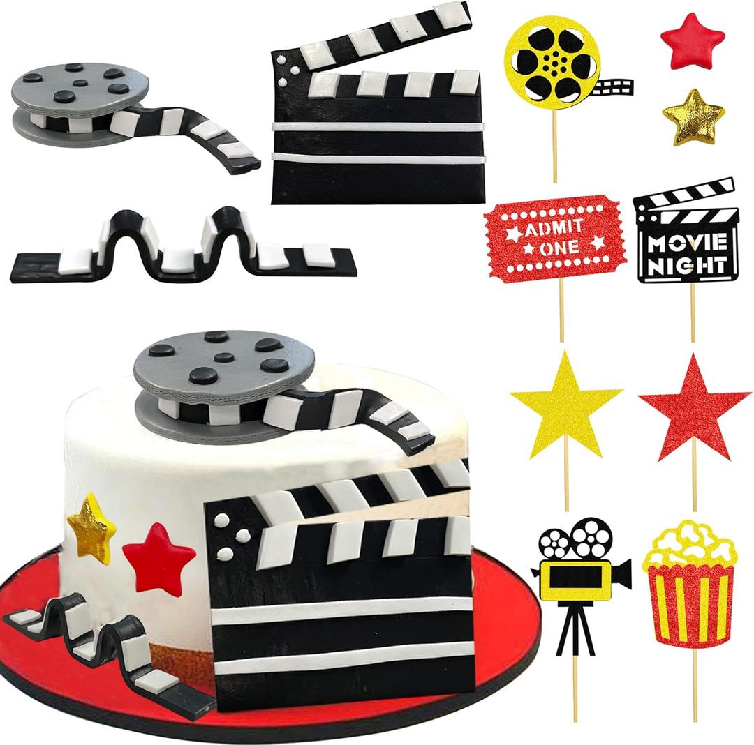 12 PCS Cake Topper Glitter Cupcake Toppers Picks Movie Night Birthday Party Decoration for Movie Theme Birthday Party Baby Shower Supplies