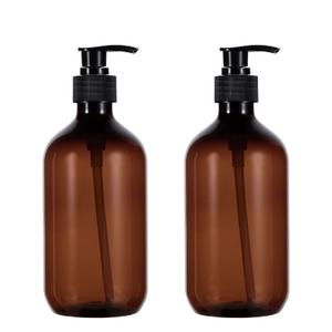 Shampoo Bottles with Pump, 17oz Refillable Amber Plastic Pump Dispenser Bottle for Soap Shampoo Conditioner, 2 Pack (500ml, Brown)