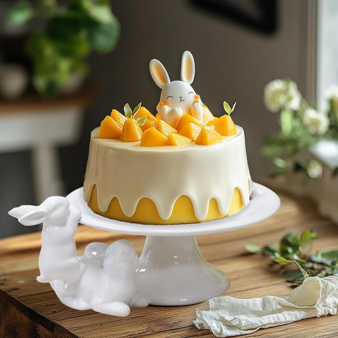 Ceramic Cake Stands Decorative Bunny - Easter Decoration Birthday Cake Display Tray for Wedding Party Graduation Gift Home Decor 8.25 x 6.5 x 3.25 Inch White Cake Plate Newman House Studio