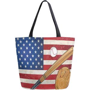 Chic Extra Large Shoulder Grocery Tote Bag, Stylish American Flag and Baseball Pattern Canvas Reusable Handle Bags for Men Women Gym Weekender Picnic Beach Travel Home Storage Market Shopping