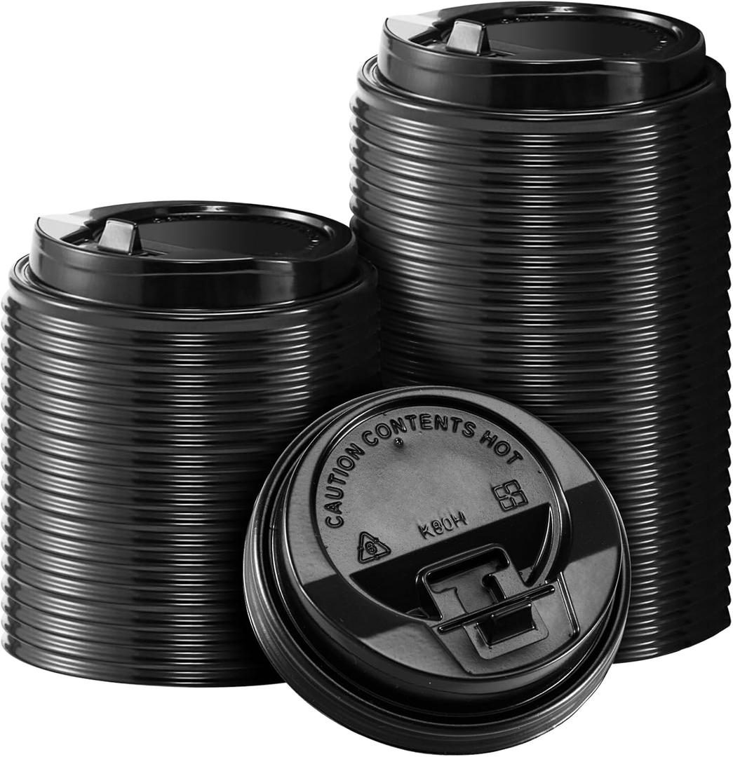 SIUQ 150 Pack Coffee Cup lids, Disposable Plastic Cup Lids for 10, 12, 16, 20, 24 oz Paper Cups, Hot/Cold Drinking Cup Lids, 3.54 Inches/90 mm Diameter - Black