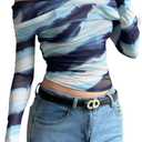 YOINS Women Off Shoulder Mesh Long Sleeve Tops Sexy Sheer See Through Shirts (Blue, S)