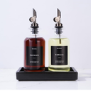 Molimoli Oil and Vinegar Dispenser with Metal Pour Spout, Weighted Pourer, Glass Bottle Dispenser for Kitchen w. Ceramic Tray|Black, 350ml, Set of 2