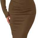ZESICA Women's Fall 2025 Long Sleeve Bodycon Maxi Dresses Sexy Ruched Crew Neck Slim Fit Cocktail Party Dress (Large, Brown)