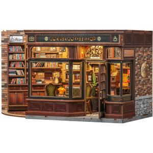 Fsolis Book Nook Kit - DIY Miniature Cafe House Kit for Adults 3D Wooden Puzzles Tiny Bookstore Mini Diorama Building Kit Bookshelf Decor, Gifts for Women Readers Book Lovers (Corner Coffee Shop)