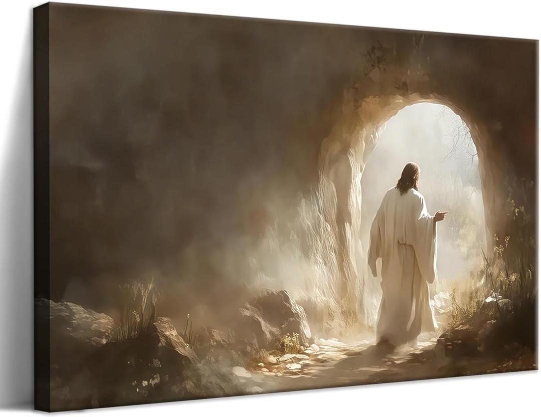 Jesus Leaves the Tomb Canvas Wall Art, Christian Resurrection Savior Wall Decor Paintings, Religion Bible Pictures Posters Prints for Church Prayer Room Living Room Home Decor 24x36 Inch Framed