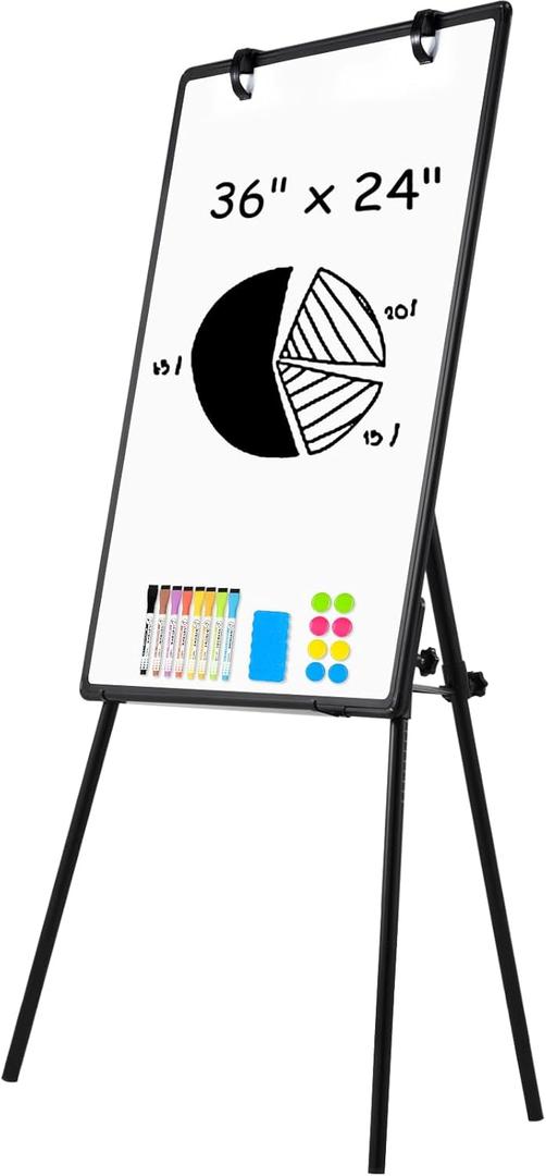 Magnetic Whiteboard Easel, 36"x24" Height Adjustable Dry Erase Board with Stand, Large Aluminium Frame White Board for Teaching, Flipchart Standing Writing Board for OfficeHome (Black)