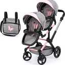 Bayer: Xeo Twin Pram - Butterfly Grey & Pink - Matching Handbag, Adjustable Handle, for Dolls Up to 20"