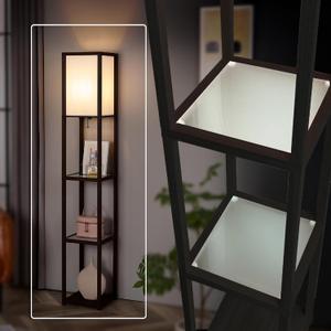 FENLO Floor Lamp with Shelves  Tall Standing Lamp with Tempered Glass Tiers  Modern Minimalist Floor Lamp for Bedroom, Living Room, or Corner  Durable Glass Shelf Lamp with LED Bulb Included