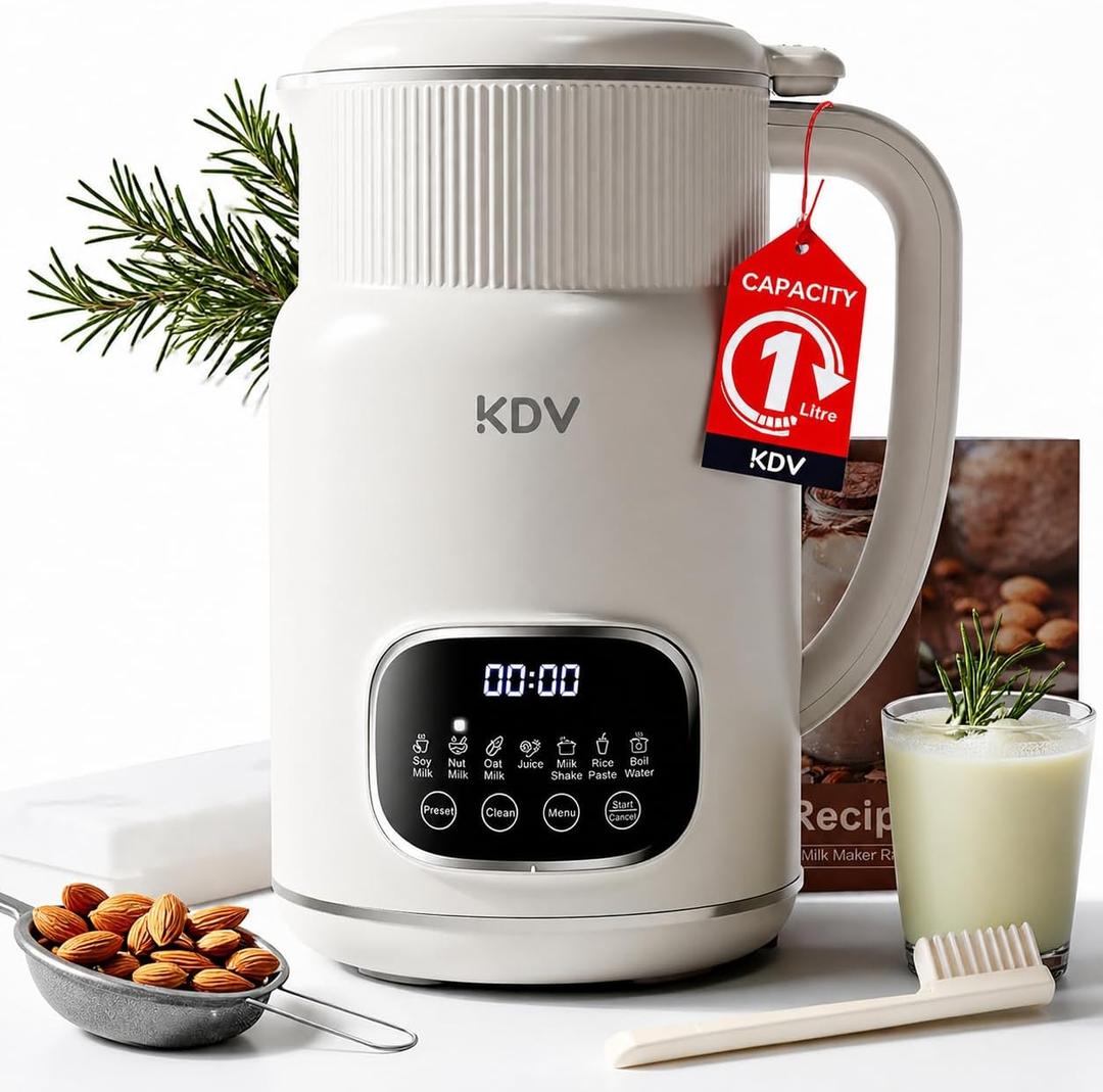 KDV Nut Milk Maker Machine, 8-in-1 Multifunction Soy Milk Maker with Stainless Steel, Homemade Soy, Almond, Oat, Coconut, Plant Based & Non-Dairy Beverages, 24H Delay Start, Keep Warm, Auto Clean