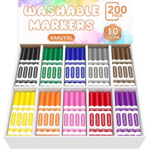 KMUYSL 200 Count Washable Markers Bulk, 10 Assorted Colors - Broad Line Conical Tip Coloring Markers for Kids, School Art Supplies & Back to School Supplies, Teacher Classroom Must Haves