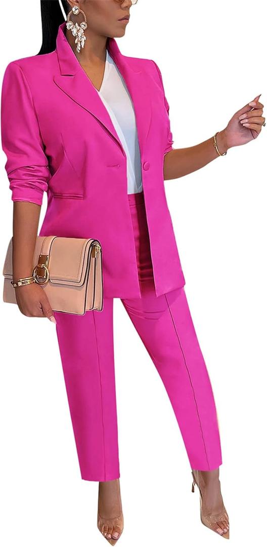 HuiSiFang Women's Blazer and Pants 2 Piece Suits 2025 Fall Fashion Solid Color Casual Blazer Sets (X-Large)