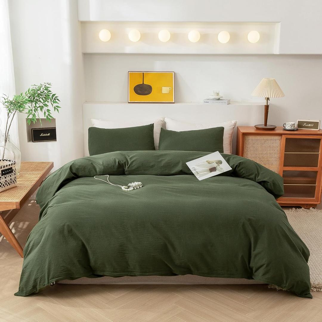 ECOCOTT 3 Pieces Duvet Cover Queen 100% Washed Cotton 1 Duvet Cover with Zipper and 2 Pillowcases, Ultra Soft and Easy Care Breathable Cozy Simple Style Bedding Set (Avocado Green) (Queen (90"x90"), Avocado Green (No Comforter))