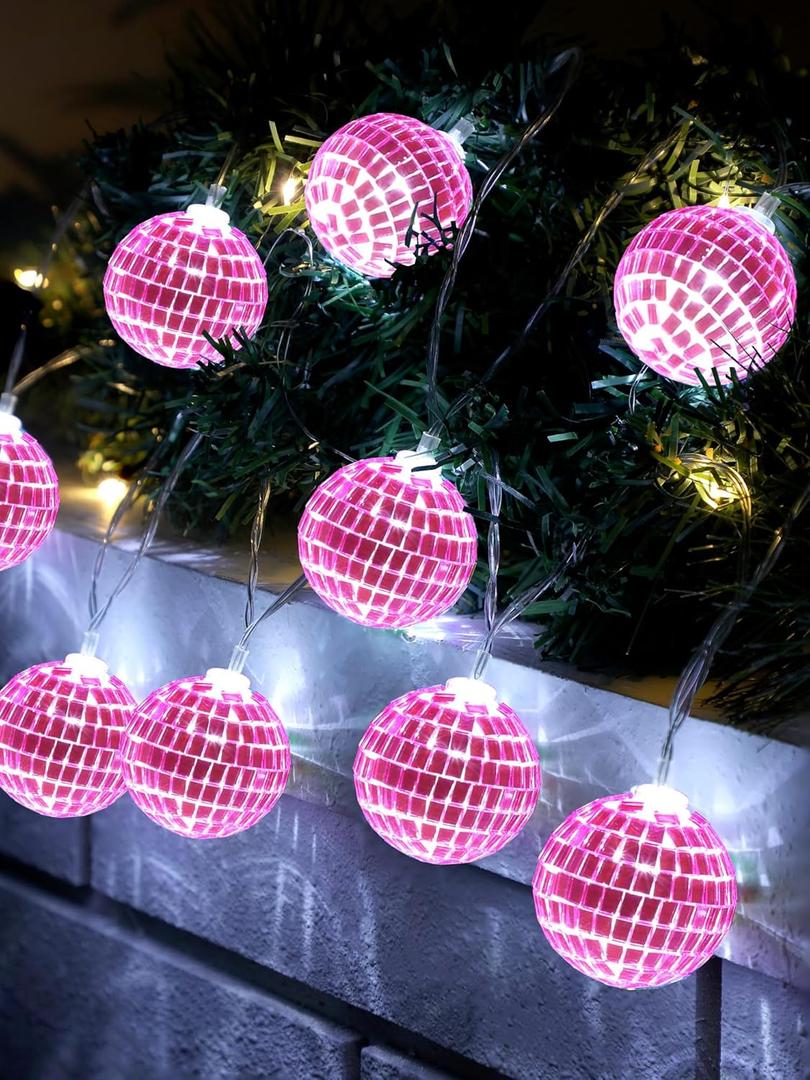 BBTO LED Disco Ball String Light Battery Powered Mirror Balls Ornaments for Outside Backyard Porch 70s 80s Disco Party Supplies(1.57 Inch,Rose Pink)
