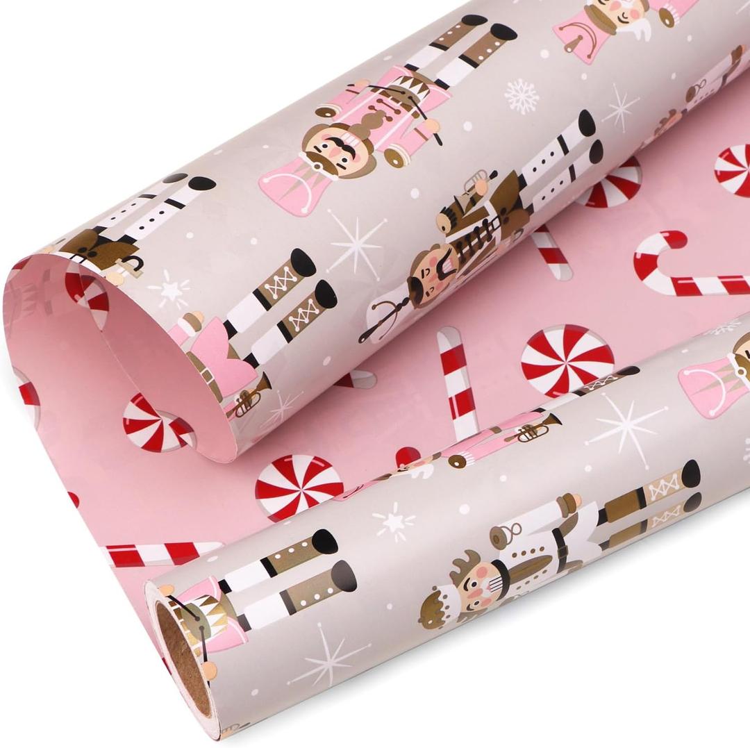Ribbli Reversible Christmas Wrapping Paper Rolls, Nutcracker and Candy Cane Pink Gift Wrapping Paper-17 Inch x 33 Feet (Pink/Red/White)