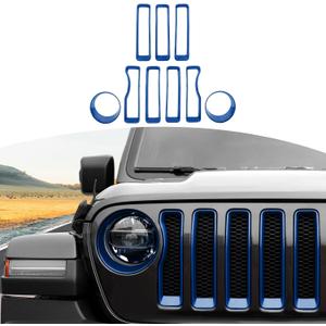 RT-TCZ for Wrangler JL Mesh Front Grille Grill Insert Headlight Light Cover Trim for Jeep Wrangler JL JLU 2018-2022 Blue Exterior Accessories 9pcs
