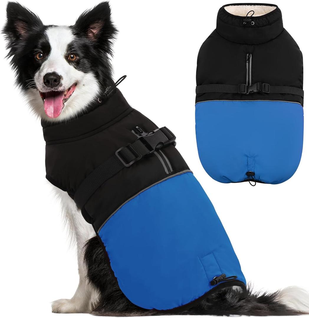 KOESON Extra Large Dog Winter Jacket, Warm Waterproof Reflective Fleece Dog Coat for Cold Weather with Adjustable Buckle (XXX-Large, Blue)