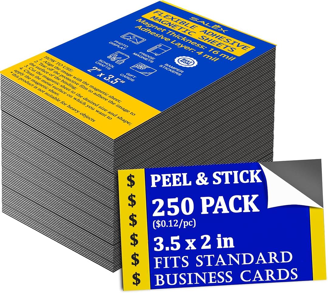Business Card Magnets Peel and Stick 250 Pack - 2" x 3.5 Magnetic Sheets with Adhesive Backing for Crafts, DIY - Strong Craft Flexible Self Sticky Magnet Set for School Classroom, Fridge, Photo, Cards