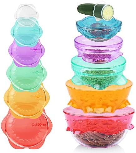 DeliOne Silicone Stretch Lids for Kitchen Food Storage – Durable,Reusable + Expandable Bowl Covers for Cup or Square Containers, Freezer, Microwave,and Dishwasher Safe,Mixing Size, 5-Pack, Color