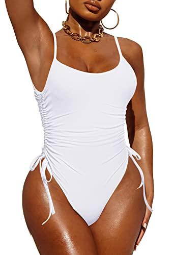 Pink Queen Womens Sexy One Piece Swimsuit High Leg Ruched Tummy Control Cheeky Bathing Suit Monokini White M