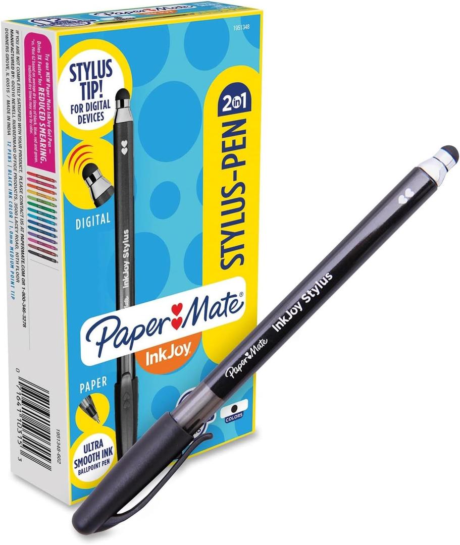 Paper Mate InkJoy 2 in 1 Stylus Ballpoint Pens, Medium Point, Black, Box of 12