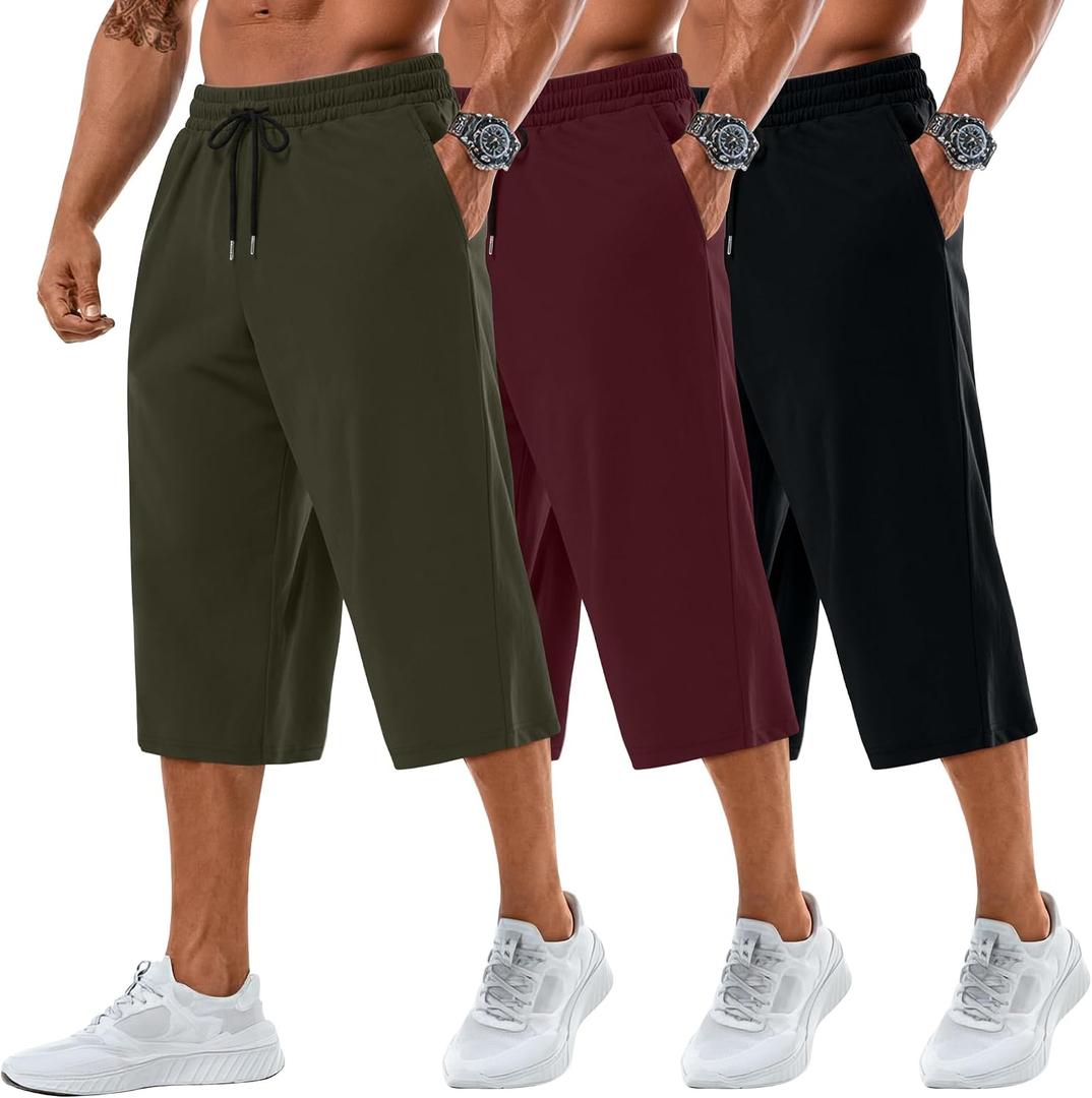 Neer 3 Pack Men's Baggy Capri Pants Plus Size Below Knee Casual 3/4 Shorts Big and Tall Summer Drawstring Pants with Pockets (Black, XL)