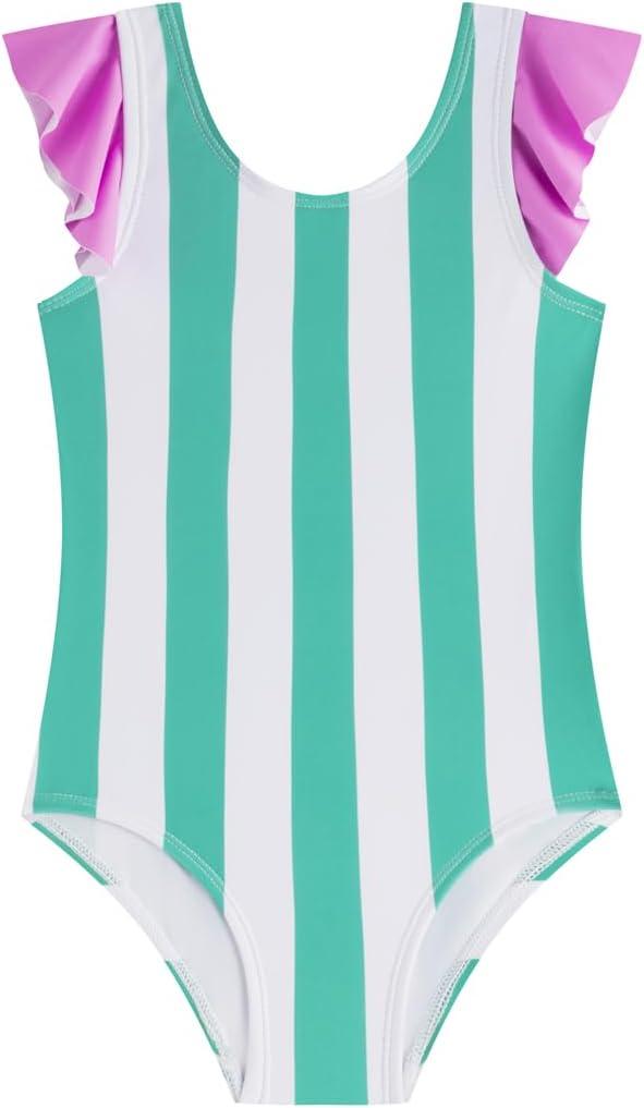 LIZENS Girls One Piece Swimwear Stylish Girls Swimsuit for Ages 2-12 Color Clash Vintage (Green Stripe)