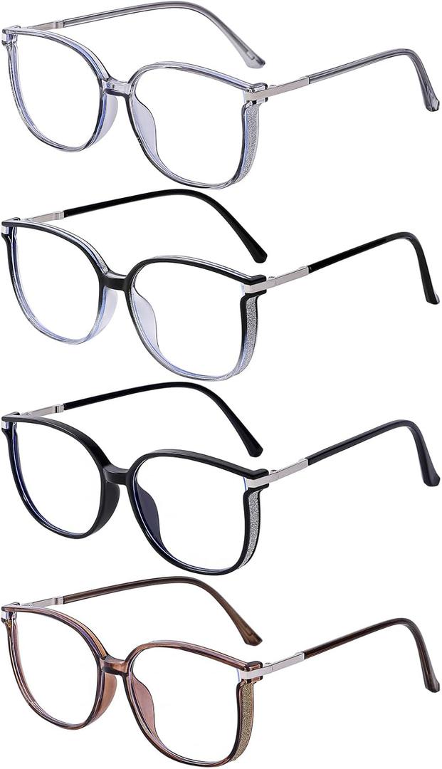 4 Pack Women's Bling Blue Light Blocking Reading Glasses, Fashion Readers with Portable Case, UV400 Protection, Magnification Strength: 1.0 x