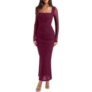 REORIA Long Sleeve Wedding Guest Maxi Dresses for Women Sheer Mesh Square Neck Ruched Bodycon Long Dress 2026 Spring Outfits, Large