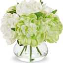 Hollyone White and Green Peonies Artificial Flowers with Vase Faux Flowers Peony Fake Flowers Silk Flower Arrangements in Glass Vase with Faux Water for Bathroom Table Centerpiece Shelf Home Decor