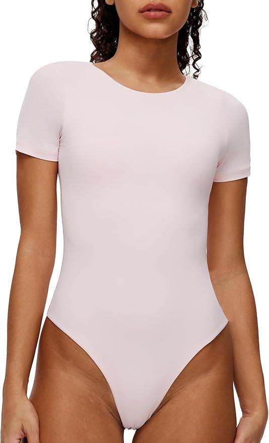NANJI Short Sleeve Bodysuit for Women - Crew Neck Slim Fit Thong Body Suit, Stretch Double Lined Snap Tops, Casual Going Out Medium