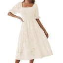 MEROKEETY Womens 2025 Summer Short Puff Sleeve Smocked Square Neck Floral Textured Tiered Midi Dress, Beige, Medium