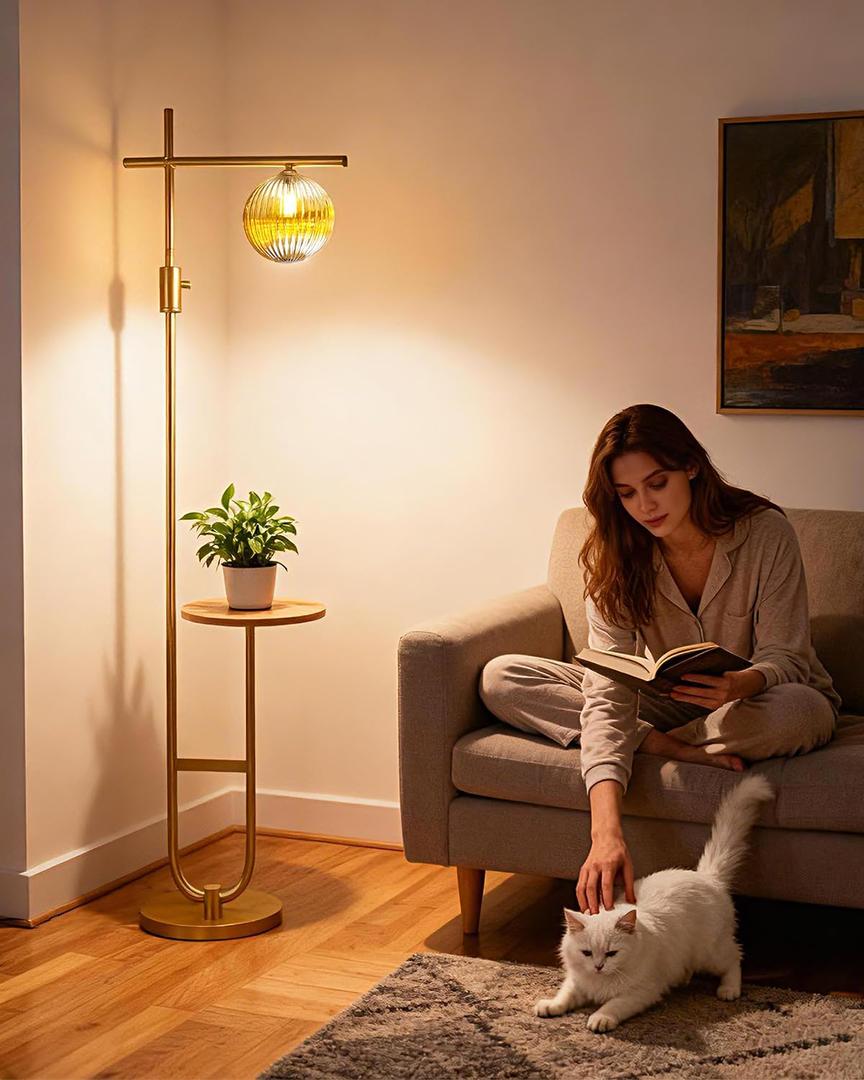 Lightdot 66IN Gold Dimmable Floor Lamps with Table, Modern Standing Tall Lamp with Brown Globe Glass Shade, Cross-Shaped Head and U-Pole Base for Living Room/Sofa Beside/Corner Decor(Bulb Included)