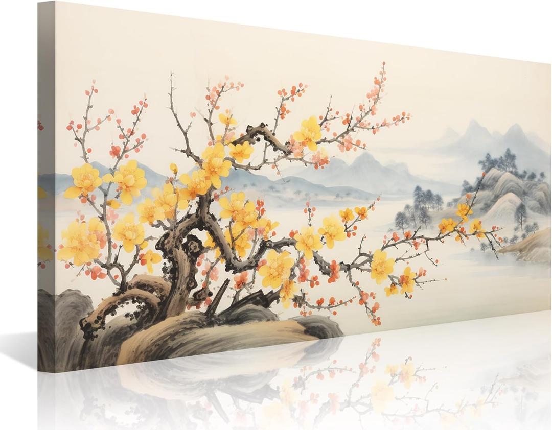 Asian Wall Art Traditional Chinese Painting Oriental Yellow Plum Blossom Canvas Pictures for Wall Decor Home Living Room Cherry Blossom Landscape Artwork Framed Ready to Hang