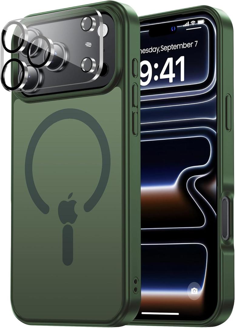 Magnetic for iPhone 17 Pro Max Case Fits MagSafe Camera Len Protector*1 16FT Drop Resistant Matte Skin Feeling Back Cover Shockproof Slim Fit for iPhone 17 Pro Max Phone Case 6.9 inch,Green