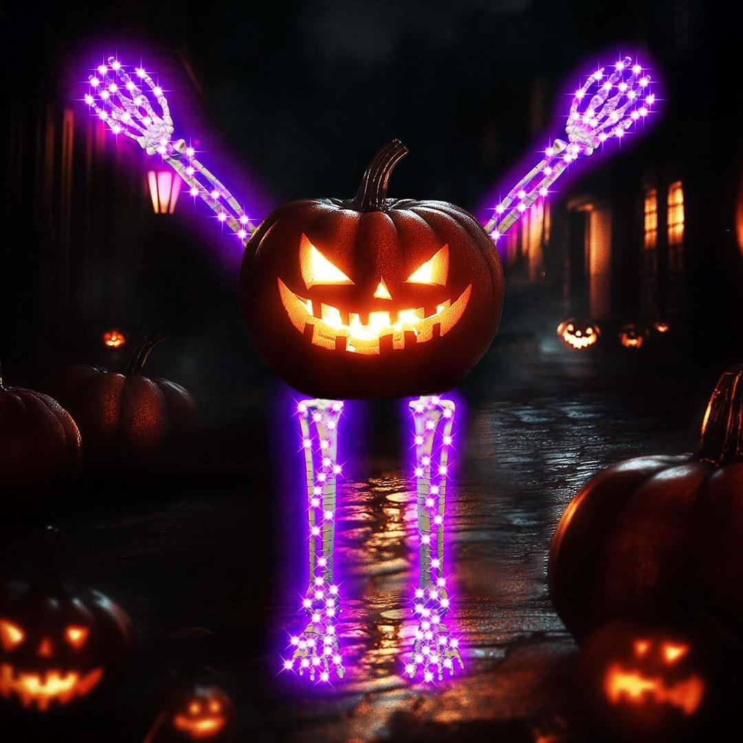 Set of 4 Pumpkin Skeleton Bones Arms and Legs with 8 Light Modes Realistic Halloween Movable Posable Bendable Skeleton Hands Joints Spooky Scary Horror Decoration Outdoor for Porch Yard 2 Arms 2 Legs