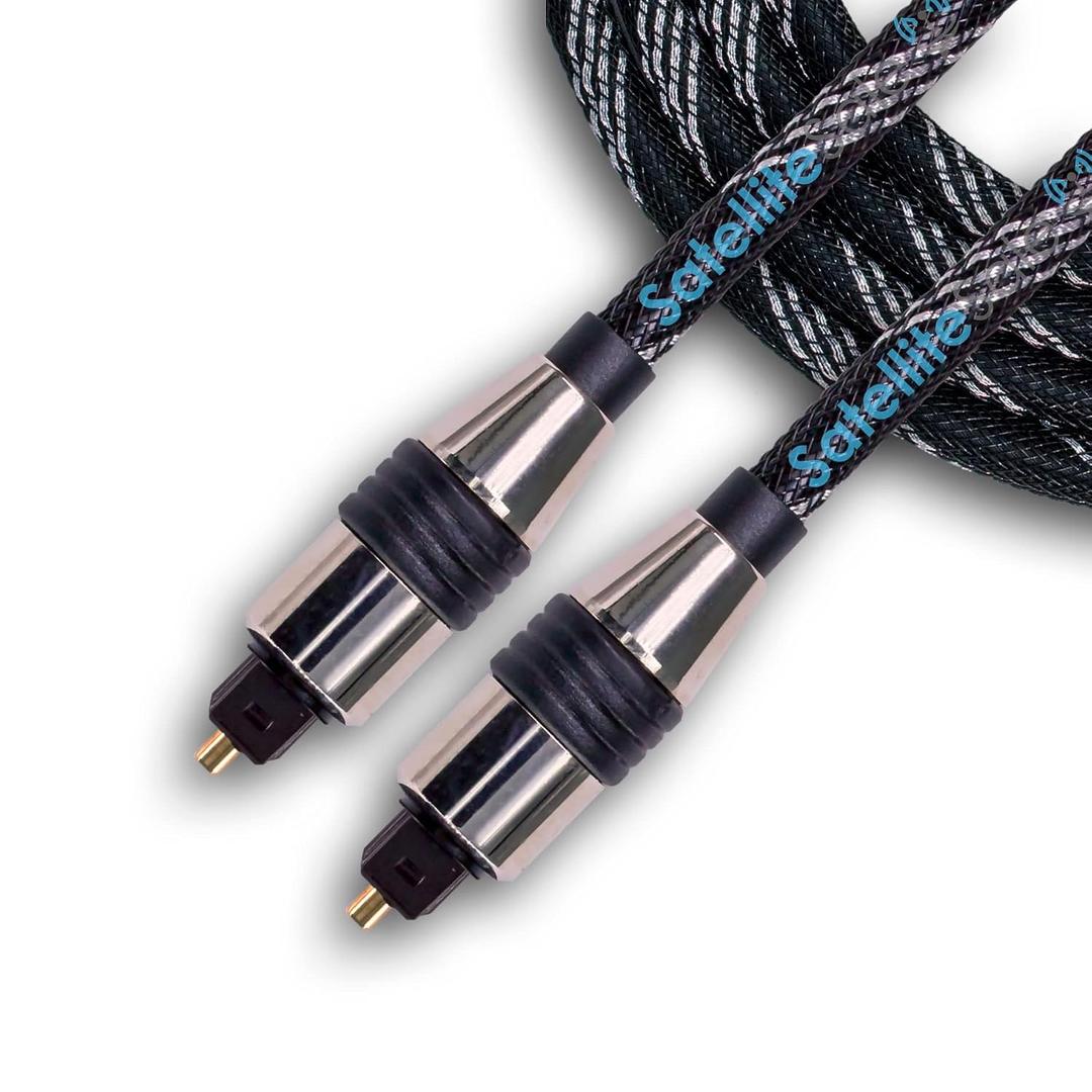 SatelliteSale Digital Toslink SPDIF Audio Optical Fiber Cable Universal Wire Nylon Black/Silver Cord 6 feet