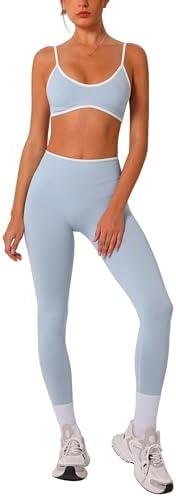 ABOCIW Womens 2 Piece Workout Sets Seamless Color Block Sports Bra Scrunch Butt Lifting High Waist Leggings Gym, Light Blue Set, S