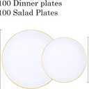 KIRE 200PCS Gold Plastic Plates - Disposable Plates for Party - White Plastic Plates with Gold Rim Include 100 for Dinner and 100 for Dessert/Salad in Wedding/Party/Spring/Graduation/Mother's Day