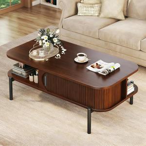 Coffee Table, 39.4" Mid Century Modern Coffee Tables for Living Room, Coffee Table with Storage Open Shelf, Fluted Table with Sliding Cabinet Door, 2-Tier Rustic Wood Desktop, Walnut