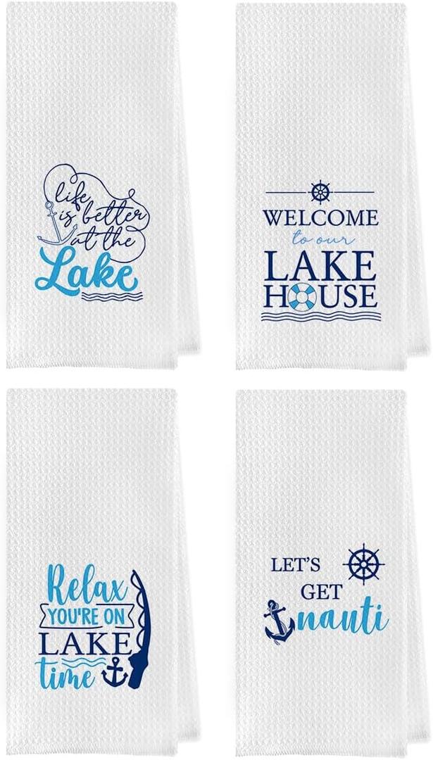 Lake House Kitchen Towels Set - Lake House Decor for The Home, 16x24 Lake Life Decorative Hand Towels for Bathroom Set of 4, Life is Better at The Lake