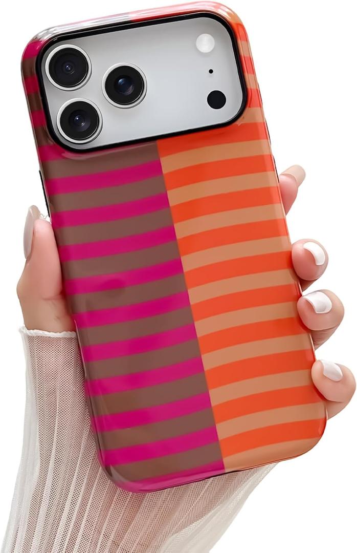 2 x Skyseaco for iPhone 17 Pro Case Cute Aesthetic Horizontal Striped Phone Case for Women Girl Shockproof Slim TPU and Hard PC Protective Cover 6.3 inch 2025 - Orange and Pink