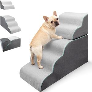 Dog Stairs Ramp for Small Dogs,5-Step Dog Steps,Foldable Pet Stairs for High Beds and Couch,Curved 2 in 1 with Zippers Non-Slip Balanced Pet Ramp and CertiPUR-US Certified Foam,Grey