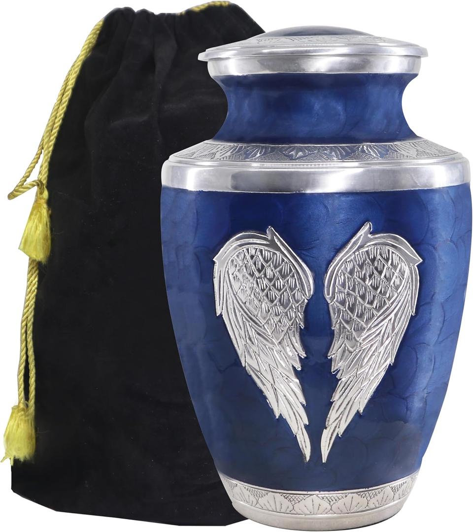 M MEILINXU Urns for Human Ashes Adult Man & Women, Cremation Urn for Ashes Adult Male & Female, Burial Urn, Decorative Urns for Funeral, Silver Engraved Angel Wings, Dark Blue and Silvery - Large