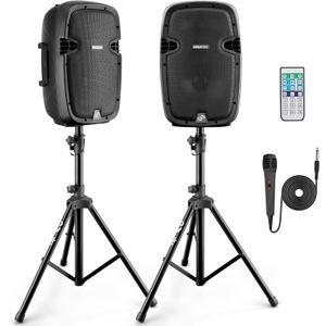 Pyle 10" Wireless Portable PA system - 1000W High Powered Bluetooth Compatible Active + Passive Pair Outdoor Sound Speakers w/ USB SD MP3 AUX - 35mm Mount, 2 Stands, Microphone, Remote - PPHP1049KT