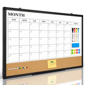 Monthly Dry Erase Calendar Whiteboard with Corkboard, 30" x 20", Black