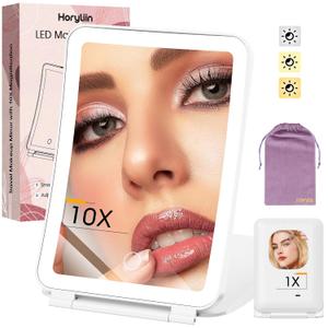 10X/1X Magnification Lighted Makeup Mirror with Lights, Rechargeable Magnifying Mirror with 80LED&2000mAh Battery, Portable Travel Vanity Mirror with 3 Colors Dimmable Lighting, Travel Essentials (White)
