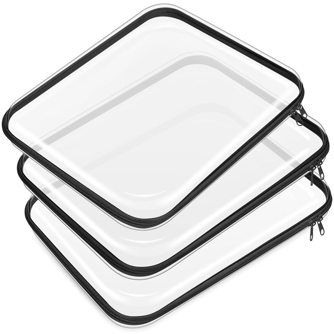 Hoolerry 3 Pcs Clear Hard Zipper Case Hard Plastic Zipper Pouch Makeup Bag Portable Travel Organizer for Cosmetics, Office Supplies, Documents & Toiletries(Black,L)
