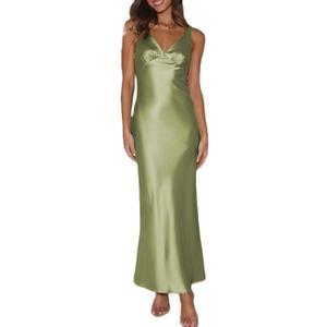 Womens Elegant Satin V Neck Backless Sleeveless Maxi Dress Silk Tie Low Back Formal Cocktail Dresses Wedding Guest, XS